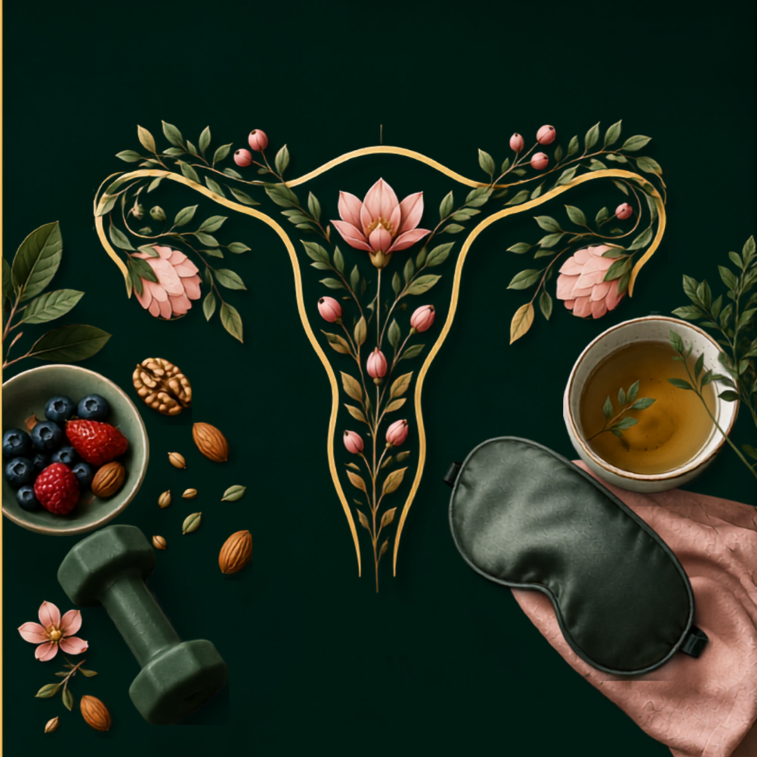 Botanische flatlay over de vrouwelijke cyclus, slaap, voeding en beweging