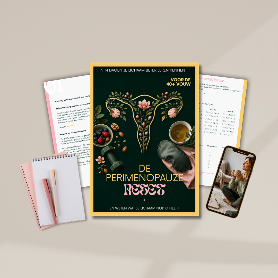 Mockup van de 14-daagse Perimenopauze Reset gids met werkbladen en bonus toolkit